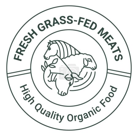 Illustration for High quality organic meal from a farm, fresh grass fed meats. Animals and cattles, food and ingredients for cooking meals. Product emblem or label, package tag with info. Vector in flat style - Royalty Free Image