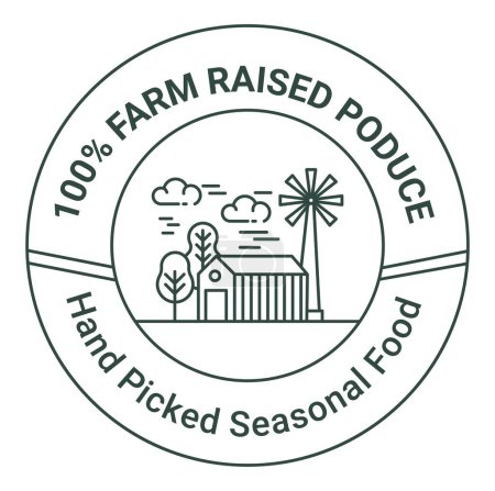 Ilustración de Hand picked seasonal food, farm raised produce. Village with organic and natural fruits and vegetables, ingredients. Product emblem or label, monochrome sketch package tag. Vector in flat style - Imagen libre de derechos