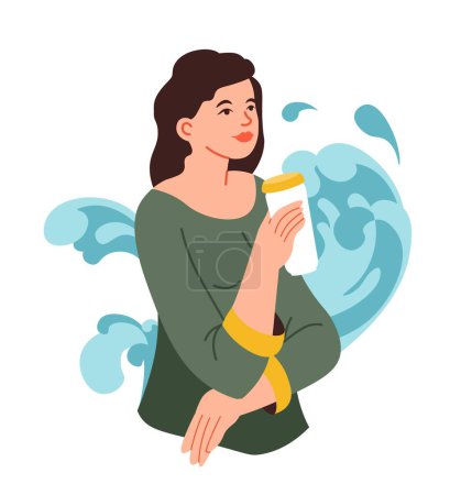 Illustration for Healthy and balanced lifestyle, isolated female character drinking water and staying hydrated. Following dieting and nourishment. Woman with cup of pure liquid or beverage. Vector in flat style - Royalty Free Image