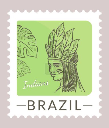 Illustration for Brazil indigenous people, postmark on postcard with portrait of man personage with leaves. Postal mark or card, mailing letter and correspondence. Monochrome sketch outline. Vector in flat style - Royalty Free Image