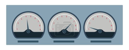 Ilustración de Speedometers with arrows, isolated panel or controller showing displays and lines. Data and information of electric or electronic equipment, part or detail of industrial gadget. Vector in flat style - Imagen libre de derechos