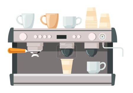 Illustration for Cafe or shop equipment with coffee machine making tasty and aromatic beverages. Isolated machinery of store or restaurant, homemade brewed hot drink for breakfast or dinner. Vector in flat style - Royalty Free Image