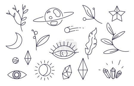 Ilustración de Minimalist magic symbols of stars and planets, foliage and flower branches or twigs with leaves. Isolated moon and star, crystal and eye, falling comet or asteroid sketch. Vector in flat style - Imagen libre de derechos