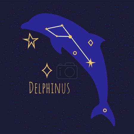 Illustration for Dolphin star shape, constellation of delphinus at dark night sky. Astronomy and celestial bodies and objects naming and exploration of universe or space. Astro pleiad icon. Vector in flat style - Royalty Free Image