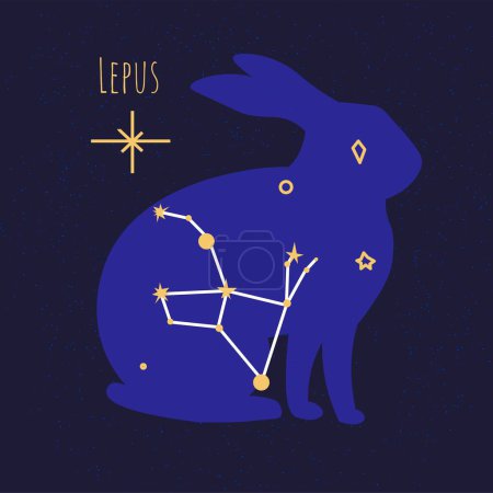 Ilustración de Stars forming rabbit shape, constellation of lepus. Astrology celestial bodies and objects naming and categorization. Pleiad forming figure, astro elements design. Vector in flat style illustration - Imagen libre de derechos
