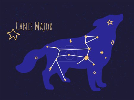 Téléchargez les illustrations : Star formation of dog, isolated constellation of canis major on dark sky. Astronomy exploration and discoveries of celestial bodies, pleiades and planet objects. Vector in flat style illustration - en licence libre de droit