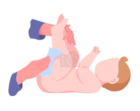 Illustration for Instruction for parents on how to change baby diaper. Parenting and caring for infant hygiene, help with basic needs. Tutorial and advice for moms and dads of newborn kids. Vector in flat style - Royalty Free Image