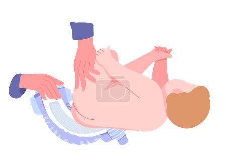 Care for hygiene of kid by changing baby diapers. Isolated parent hands taking care for newborn infant. Helping with basic needs of kiddo, son or daughter. Instruction or advice. Vector in flat style