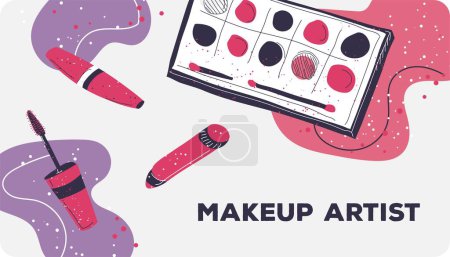Téléchargez les illustrations : Business card of make up artist offering services and beauty procedures. Cosmetologist or dermatologist. Logotype or advertisement banner with mascara, lipstick and palette. Vector in flat style - en licence libre de droit