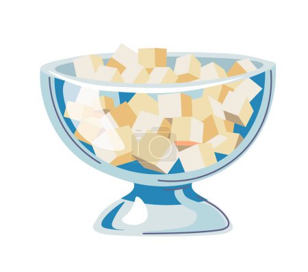 Illustration for Cafe or home addition to beverages and drinks. Isolated glass plate or jar with cubed sugar for coffee or tea beverage and drinks. Tasty sweetener taste of cooking. Vector in flat style illustration - Royalty Free Image