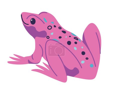 Ilustración de Pink frog or toad with spots on skin, isolated tropical animals and reptiles. Zoo park with tailless amphibian. Creatures living in water, exotic biodiversity. Vector in flat style illustration - Imagen libre de derechos