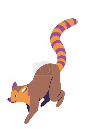 Téléchargez les illustrations : Ring tailed lemur, isolated tropical and exotic animals. Arboreal primate with long and striped tail. Creature living in habitat of Madagascar. Zoo biodiversity. Vector in flat style illustration - en licence libre de droit