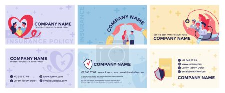 Téléchargez les illustrations : Business card design set for health insurance. Corporate company card with flat family people character get clinical policy, vector illustration. Healthcare advertising at graphic design collection - en licence libre de droit