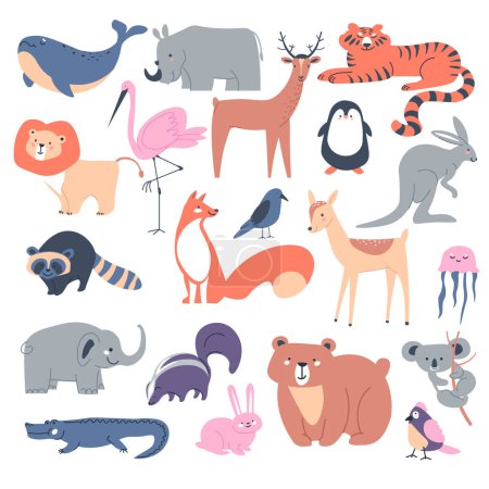 Ilustración de Cute animals and personages from woods and savannah. Isolated underwater fish, whale and crocodile. Tiger and deer, kangaroo and bear, koala and bird, skunk and rabbit, flamingo. Vector in flat style - Imagen libre de derechos