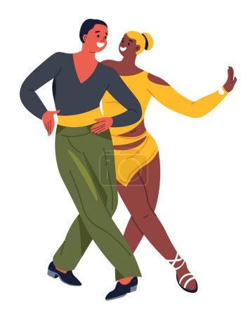 Illustration for Professional dancers smiling and dancing, performing on stage. Man and woman wearing special clothes. Partner male and female, two characters practicing movements together. Vector in flat style - Royalty Free Image