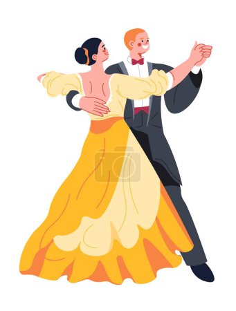 Téléchargez les illustrations : Professional pair dancing waltz, isolated man and woman moving and doing classic movements and practicing or performing on stage. Skillful characters in dress an formal suit. Vector in flat style - en licence libre de droit
