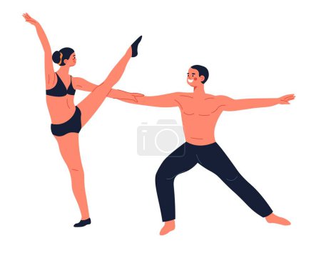 Ilustración de Professional dancers performing dance shows, isolated man and woman partners wearing special clothes on stage. Dancing couple making movements, learning or practicing for competition. Vector in flat - Imagen libre de derechos