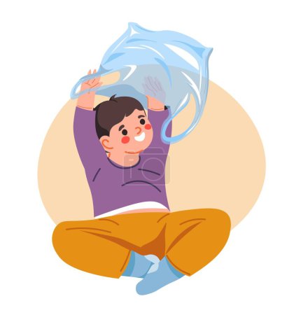 Illustration for Dangerous objects for kid to play with, isolated toddler with plastic bag trying it on head. Risk of suffocation. Care and healthcare of children, looking after infants. Vector in flat style - Royalty Free Image