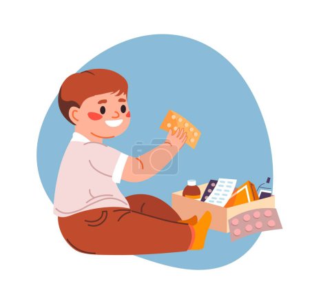 Keep away kid from danger, isolated toddler playing with medicine. Curious infant with box of pills and syrups against flu. Risk of swallowing antibiotics and hurting oneself. Vector in flat style