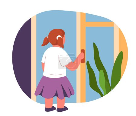 Illustration for Toddler playing at home, isolated child walking unattended opening window. Risk of falling down and getting hurt or having injury. Keeping children away from danger, safety. Vector in flat style - Royalty Free Image