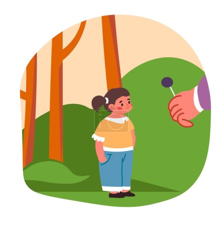 Child taking candy from stranger, isolated kid talking to person outside. Danger for toddlers and infants, keeping kiddo away from unknown people. Kidnapping and harming. Vector in flat style