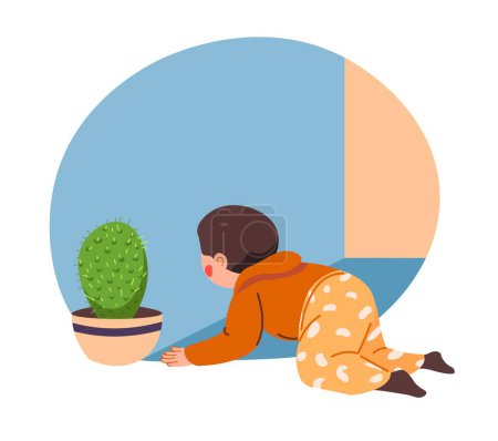 Illustration for Kid playing with cactus, curious toddler reaching thorns of plant in pot. Safety and care for infants at home, isolated kiddo crawling. Dangerous situation and looking after. Vector in flat style - Royalty Free Image