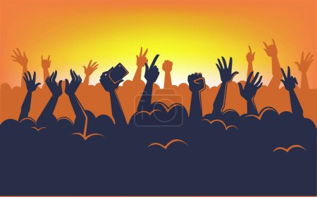 Illustration for Festival or concert, performance on stage. Silhouette of people holding hands up and making photos or videos with smartphones. Entertainment and recreation on holidays. Vector in flat styles - Royalty Free Image