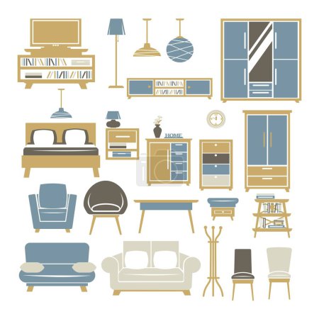 Illustration for Interior decoration and furniture, accessories for home and dwelling. Wardrobe and bed, lamp and storage system for belonging. Sofa and armchair, chair and kitchen stuff. Vector in flat style - Royalty Free Image
