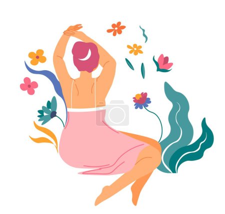 Téléchargez les illustrations : Woman surrounded by flowers and foliage, isolated female character with botany and leaves. The feminine personage in dress turned with her back. Vector in flat style, pretty lady illustration - en licence libre de droit