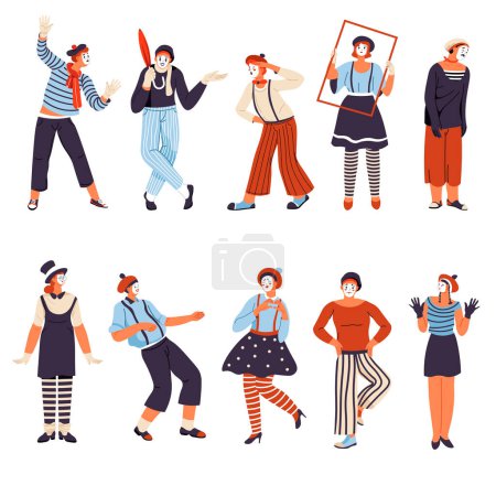 Téléchargez les illustrations : Theatrical expression of emotions, isolated mime character giving performance without fords making facial grimaces. Farcical drama including mimicry performer. Vector in flat style illustration - en licence libre de droit