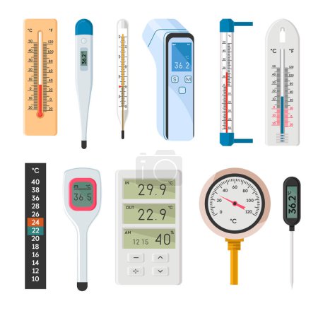 Ilustración de Instrument for measuring and indicating temperature, isolated types of thermometers with tape electronic screen showing result. Care for health and wellness, checkup at doc. Vector in flat style - Imagen libre de derechos