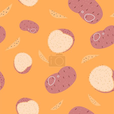 Illustration for Farm food, tasty and nutritious meal. Fresh potato slices and pieces. Preparing meal and eating balanced and organic ingredients. Seamless pattern, background print or wallpaper. Vector in flat style - Royalty Free Image