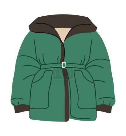 Stylish and fashionable clothes for women, isolated jacket with hood and pockets, belt and long sleeves. Clothing for winter season. Apparel and outfit, outerwear. Vector in flat style illustration