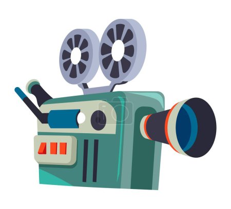 Illustration for Film making and cinematography, isolated icon of cameras with reels and cassettes. Movies production industry, equipment with lens and buttons for recording and pausing. Vector in flat style - Royalty Free Image