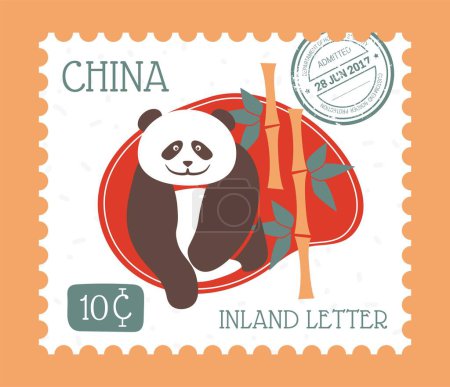 Illustration for Postmark with panda, isolated piece of paper with Chinese fauna and price, and animals with bamboo flora. Postal mark or cart, stamp for letter communication and correspondence. Vector in flat style - Royalty Free Image