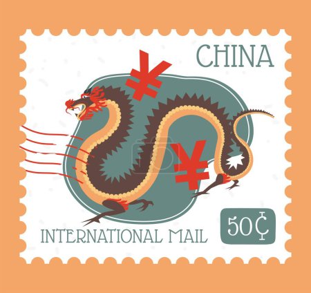 Illustration for International mail in China, fantasy dragon and yens, postmark with price. Chinese culture and creatures. Postal mark or cart, stamp for letter communication and correspondence. Vector in flat style - Royalty Free Image