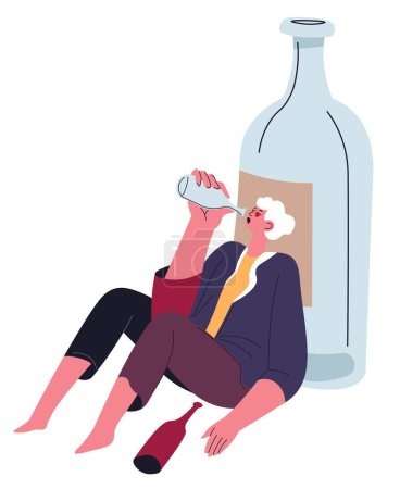 Illustrazione per Alcoholism problems, isolated male character drinking alcohol. Sorrowful man sitting by glass bottle with spirit. Psychological troubles, drunkenness and life crisis or grief. Vector in flat style - Immagini Royalty Free