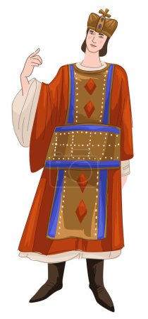 Ilustración de Prince or kin, male character wearing crown and luxurious expensive costume. Man of Byzantine times, ancient clothes and people. History and traditional outfits in past. Vector in flat style - Imagen libre de derechos