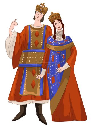 Ilustración de Male and female character representing Byzantine clothes and costumes. Man and woman, queen and king in crowns and luxurious dress and suit. Ancient times and old history. Vector in flat style - Imagen libre de derechos