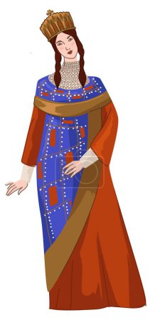 Ilustración de Female character wearing traditional Byzantine clothes, woman wearing crown of gold. Lady presenting clothing and suits of ancient times. Christianity and Europe custom. Vector in flat style - Imagen libre de derechos