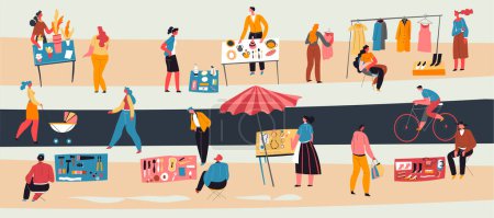 Second hand trade or garage sale, people selling personal belongings, clothes and kitchenware on street. Males and females on market. Woman walking with buggy, man on bike. Vector in flat style