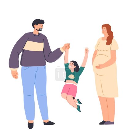Expectant mother and dad playing with daughter, holding kid hand. Isolated pregnant woman with husband and child. Family life and relationship, weekend spending time together. Vector in flat style