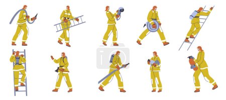 Téléchargez les illustrations : Firemen wearing protective costumes, isolated firefighters with extinguishers and ladders. Emergency service workers, team or brigade helping to put out fire and flames. Vector in flat style - en licence libre de droit