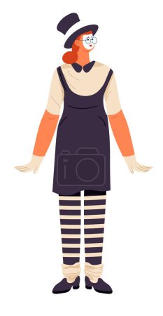 Illustration for Pantomimist performer wear special clothes for show. Isolated mime actor or actress making people laugh. Theatre performance on stage. Street artist with charisma. Vector in flat style illustration - Royalty Free Image