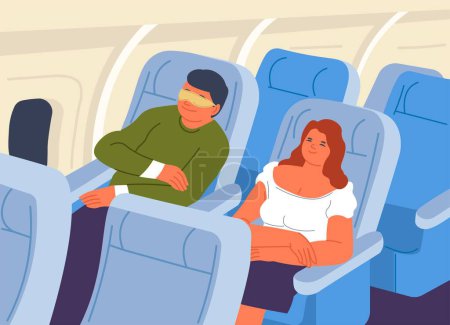Ilustración de Hombre y mujer viajando en avión, personajes masculinos y femeninos sentados en asientos. Napping chico descansando durante el viaje. Gente en asientos cómodos, disfrutando del vuelo. Vector en ilustración de estilo plano - Imagen libre de derechos