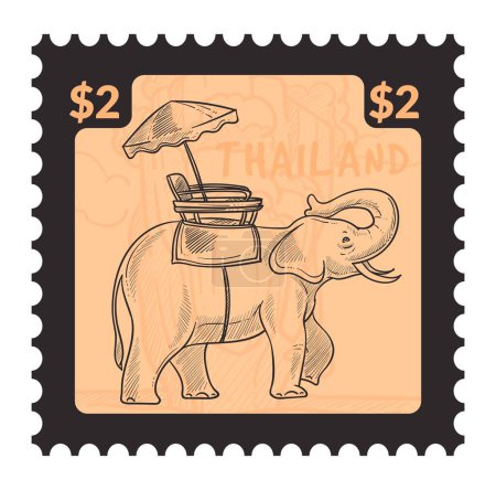 Illustration for Elephant ride, postcard or postmark with price. Thailand entertainment and recreation, fun activities, Postal mark or card, mail correspondence monochrome sketch outline. Vector in flat style - Royalty Free Image