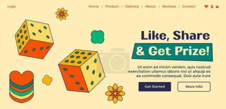 Ilustración de Giveaway from shops and stores, like, share and get prize. Get more information and start contest among clients and followers of market. Website landing page, internet site, vector in flat style - Imagen libre de derechos