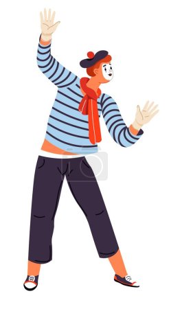 Illustration for Artistic personage with makeup on face and classic pantomimist clothes giving a performance on stage. Theatrical technique of expression and acting mime. Cartoon character, vector in flat style - Royalty Free Image