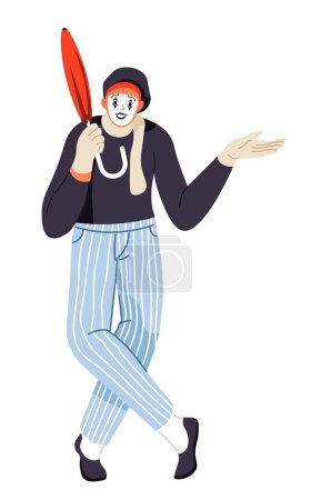 Illustration for Mime performer or artist doing theatrical technique for acting. Isolated pantomimist man with umbrella smiling, performance and concert, fun and entertainment. Cartoon character, vector in flat style - Royalty Free Image