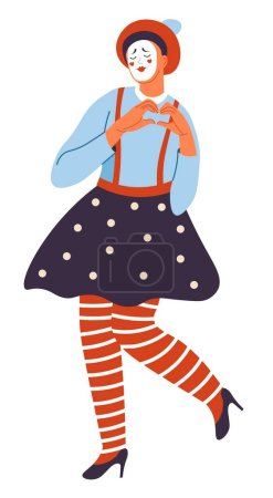 Téléchargez les illustrations : Mime performance, isolated female personage wearing skirt and beret showing expression and posing. Mime performer, entertainment and fun on stage for people. Cartoon character, vector in flat style - en licence libre de droit